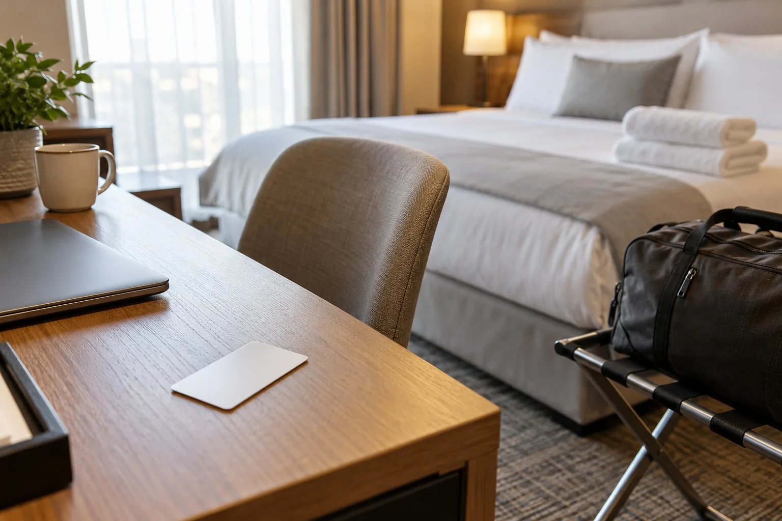 Schreibtisch im Hotelzimmer mit unbedruckter Schlüsselkarte, Handtüchern und Reisegepäck